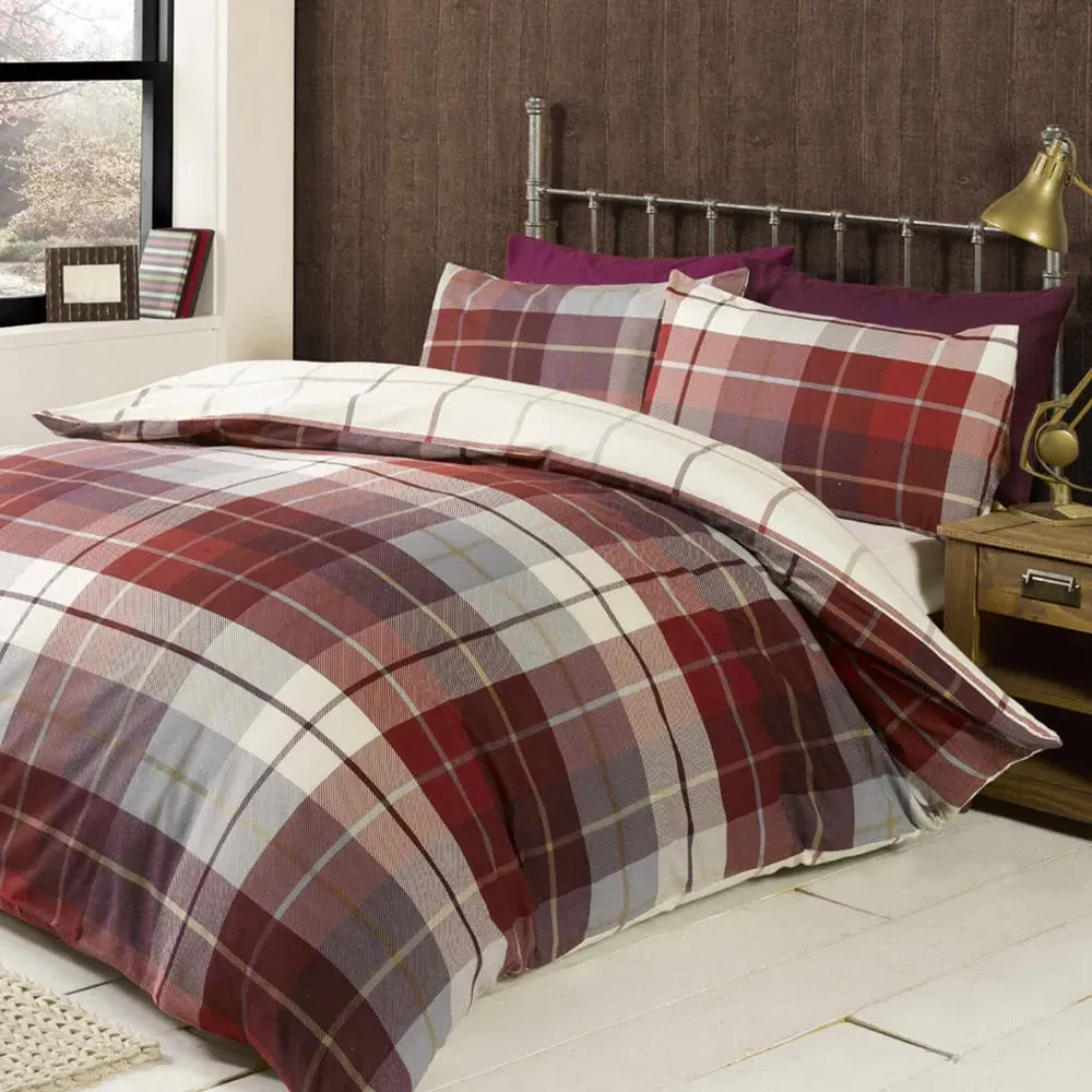 Lomond Check King Size Duvet Set - Red, Brushed Cotton