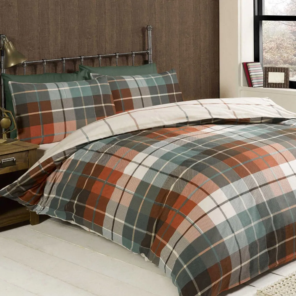Lomond Check King Size Duvet Set - Terracotta, Brushed Cotton
