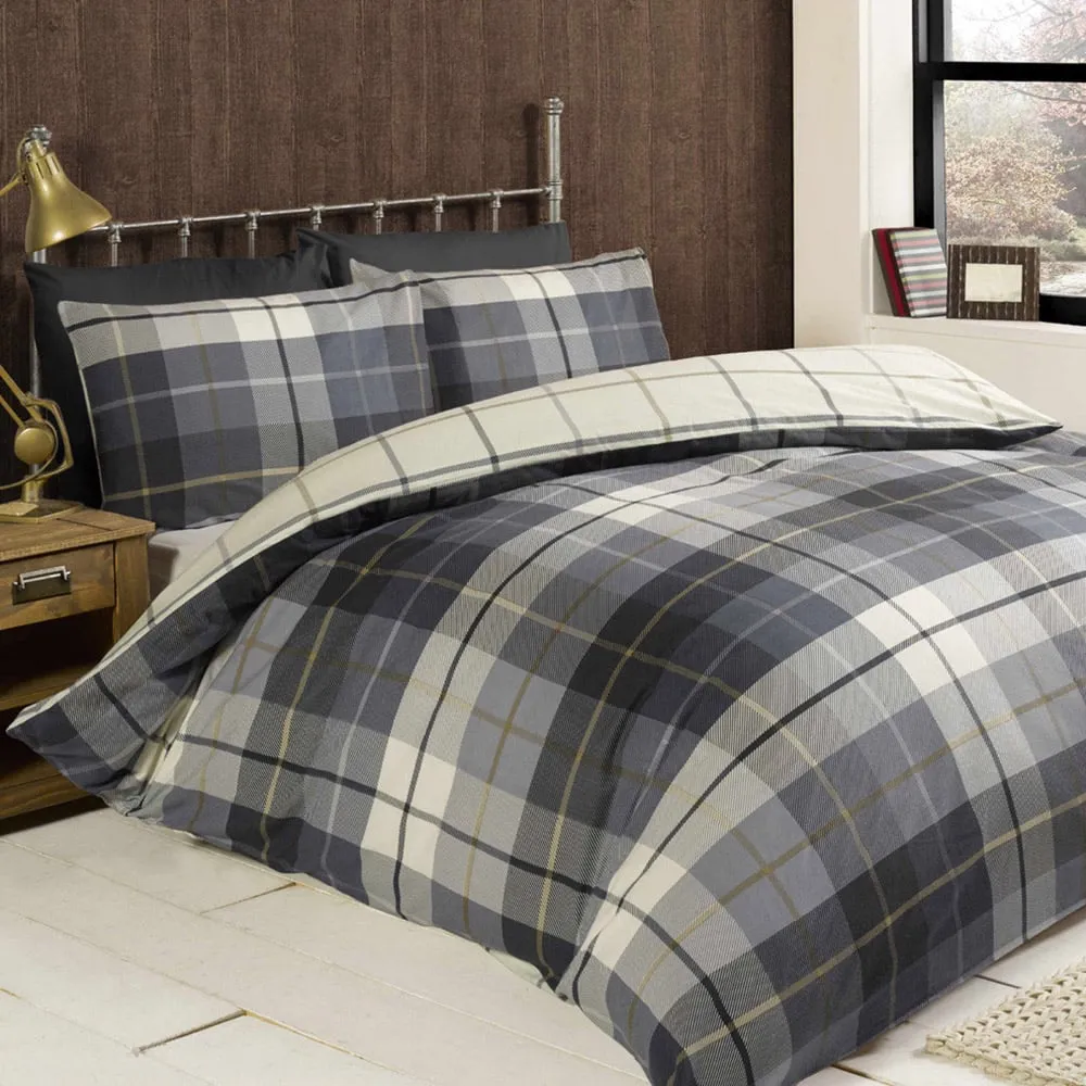 Lomond Check Super King Size Duvet Set - Blue, Brushed Cotton