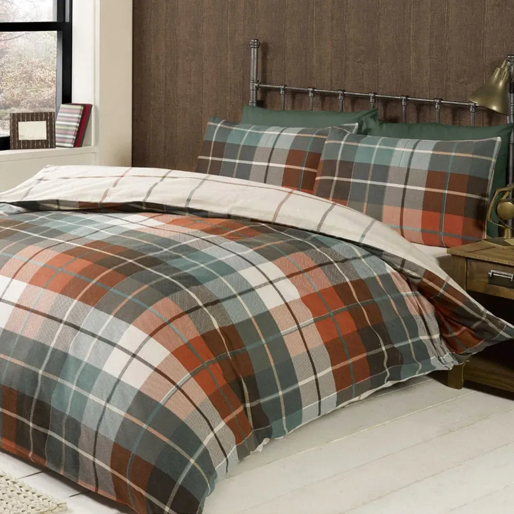 Lomond Check Super King Size Duvet Set - Orange, Brushed Cotton