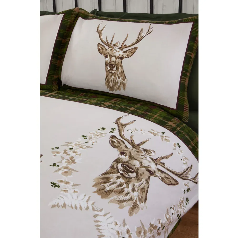 New Angus Stag Double Duvet Set - Green, Brushed Cotton