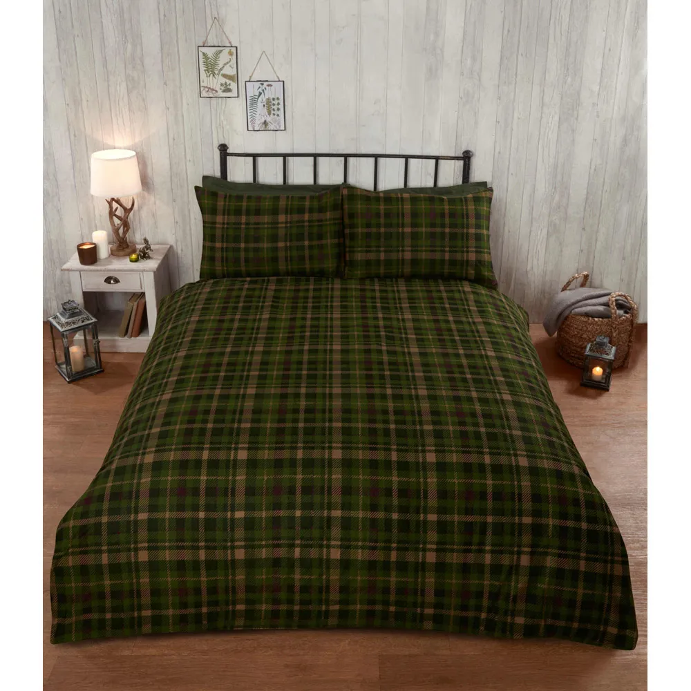 New Angus Stag Double Duvet Set - Green, Brushed Cotton