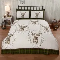 New Angus Stag Double Duvet Set - Green, Brushed Cotton
