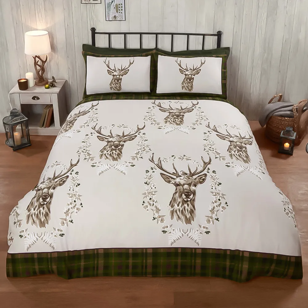 New Angus Stag Double Duvet Set - Green, Brushed Cotton