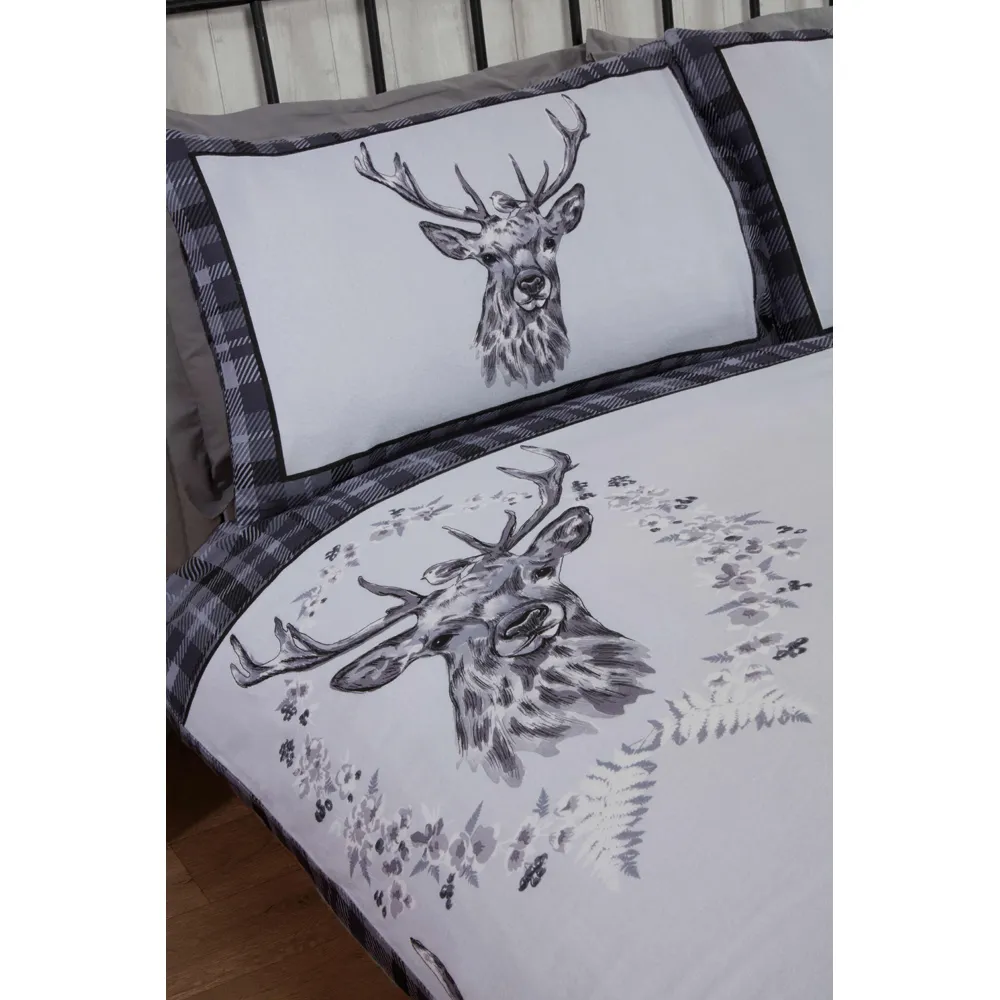 New Angus Stag Double Duvet Set - Grey, Brushed Cotton