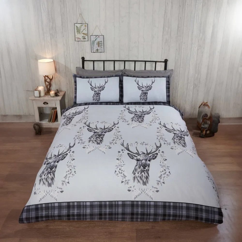 New Angus Stag Double Duvet Set - Grey, Brushed Cotton