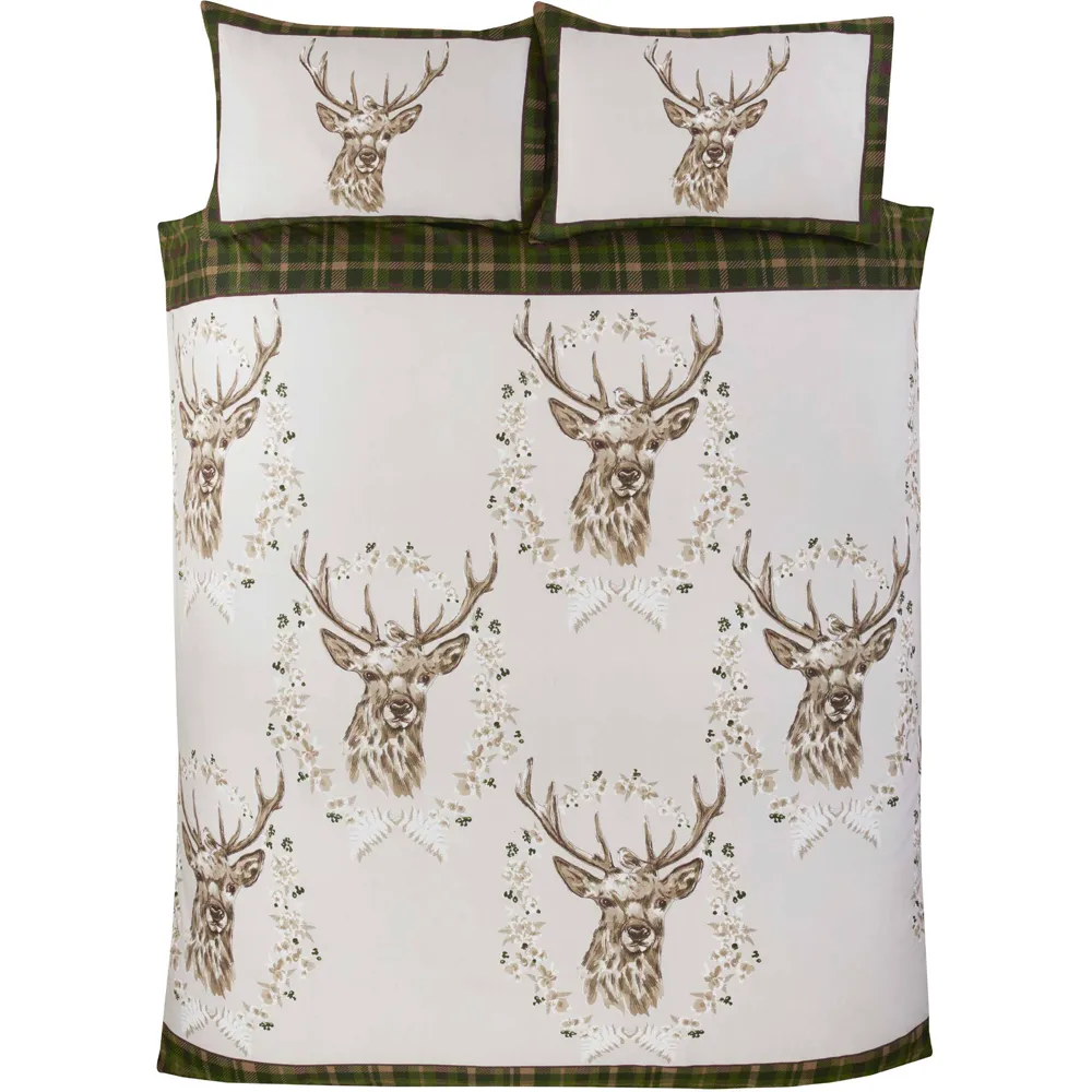 New Angus Stag King Size Duvet Set - Green, Brushed Cotton
