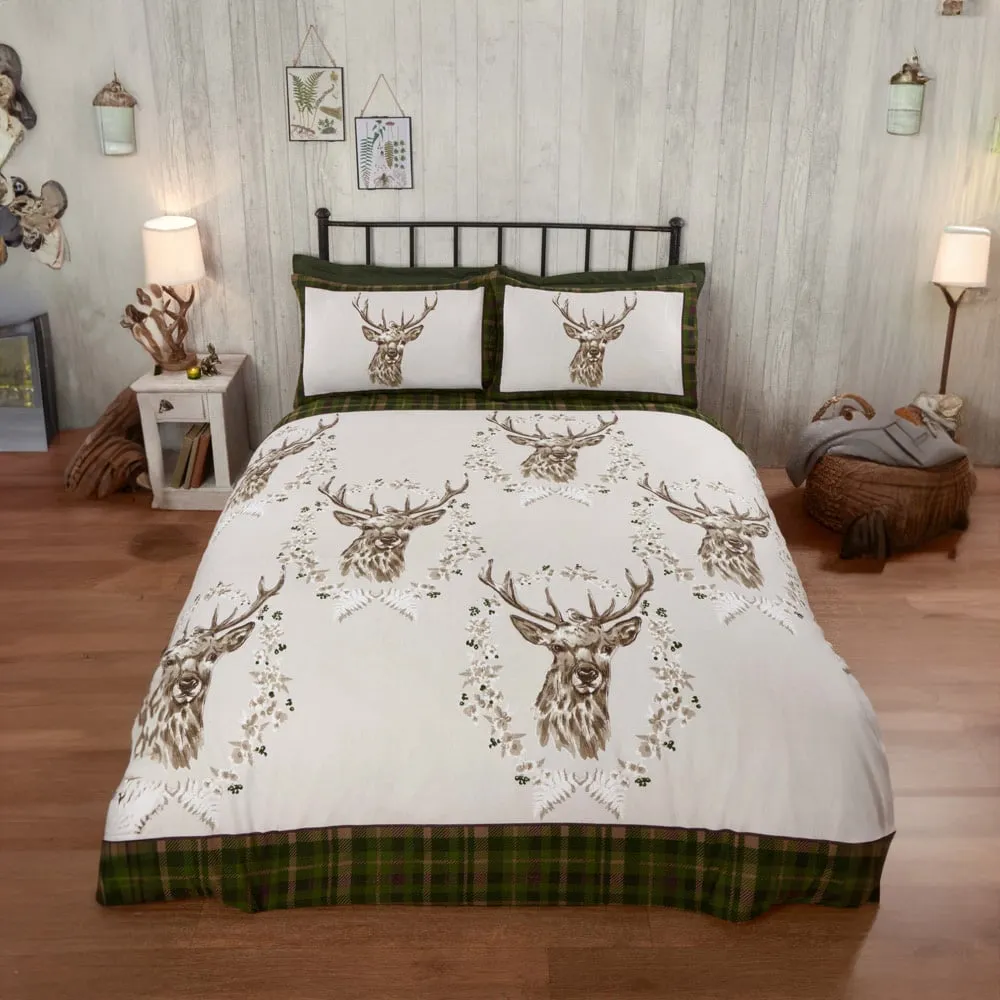 New Angus Stag King Size Duvet Set - Green, Brushed Cotton