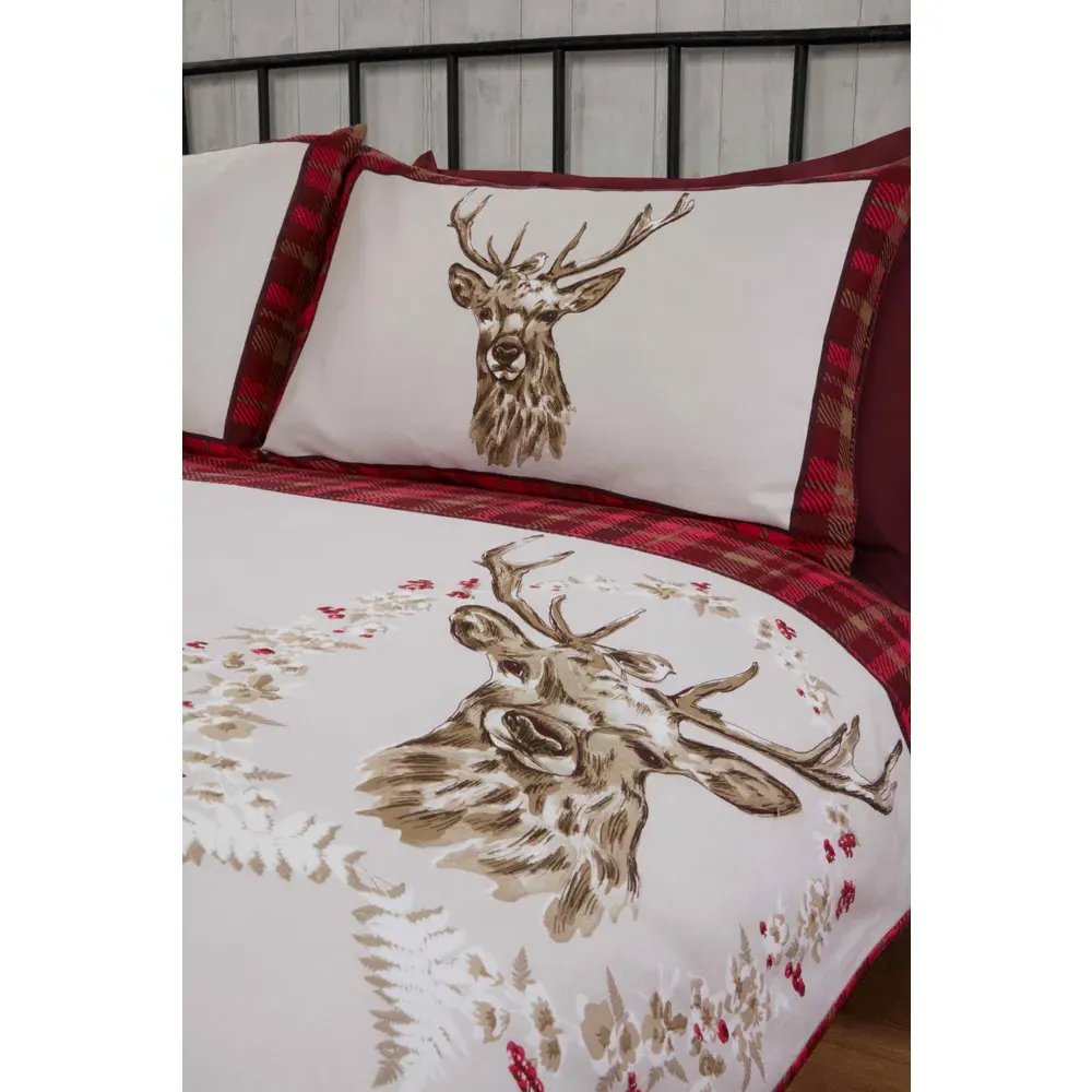 New Angus Stag King Size Duvet Set - Red, Brushed Cotton