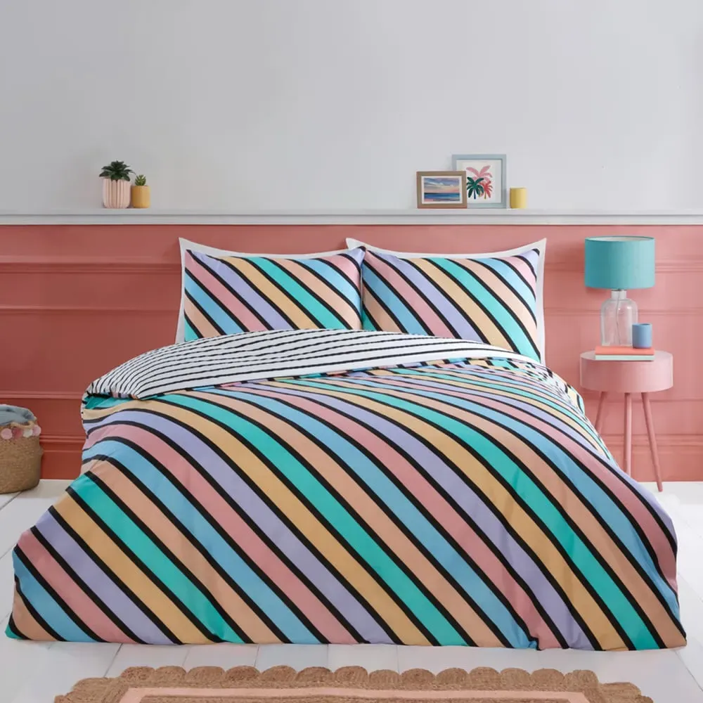 Oxford Double Pastel Stripe Reversible Duvet Cover Set - Green