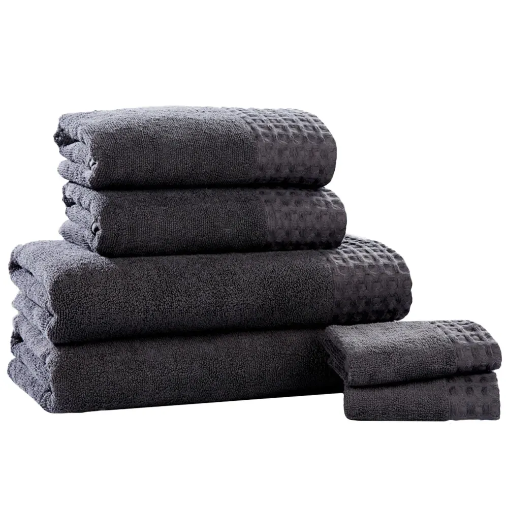 Retreat 6-Piece Towel Set with Waffle Trim - Grey, Cotton
