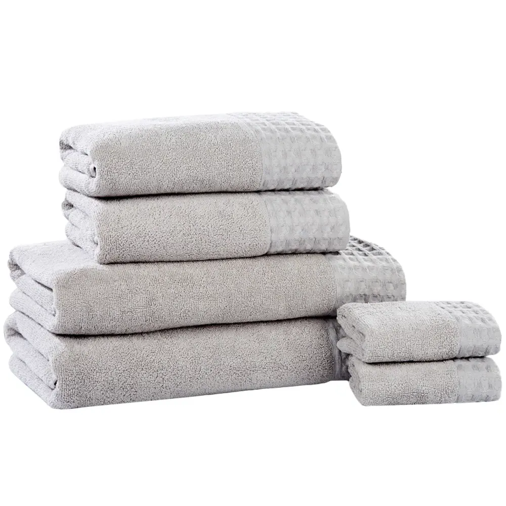 Retreat 6-Piece Towel Set with Waffle Trim - Silver, Cotton