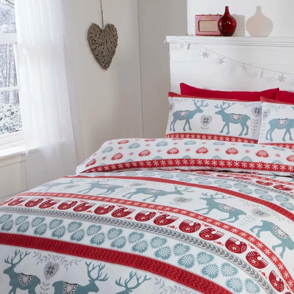 Scandi Double Duvet Set Reversible - Red, Brushed Cotton