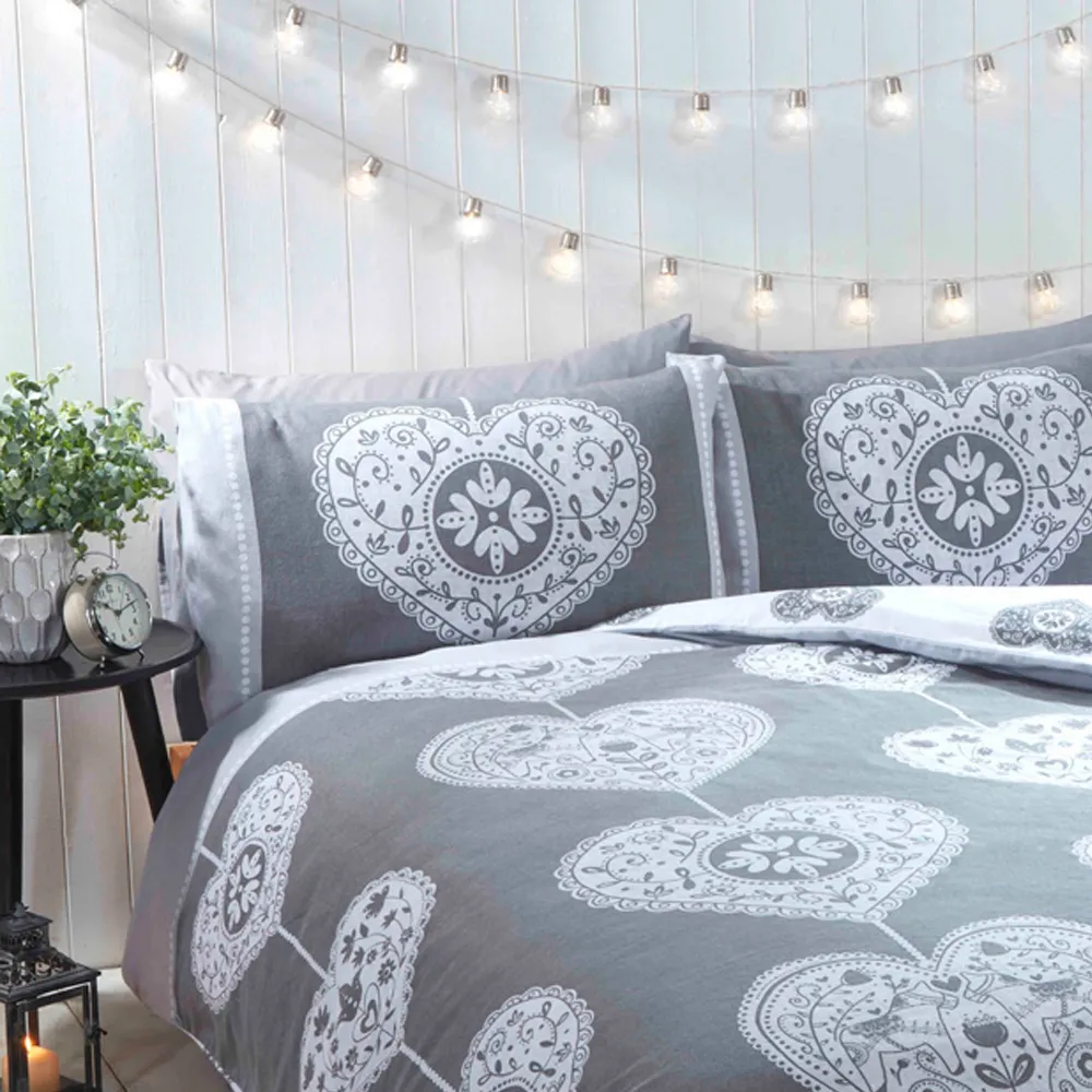 Scandi Heart Double Duvet Set Reversible - Grey, Brushed Cotton