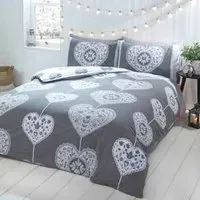 Scandi Heart Double Duvet Set Reversible - Grey, Brushed Cotton