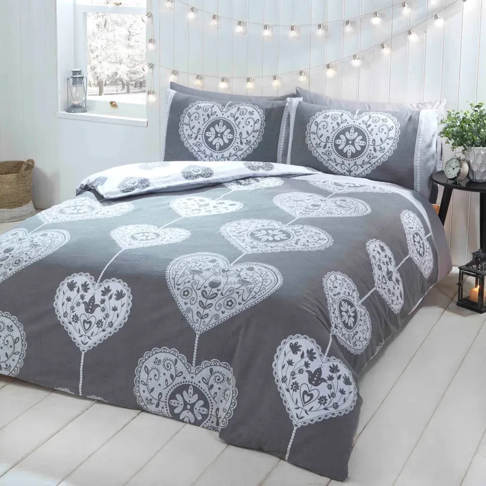 Scandi Heart Double Duvet Set Reversible - Grey, Brushed Cotton