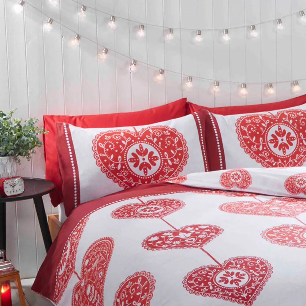 Scandi Heart Double Duvet Set Reversible - Red, Brushed Cotton