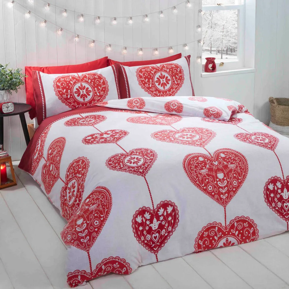 Scandi Heart Double Duvet Set Reversible - Red, Brushed Cotton