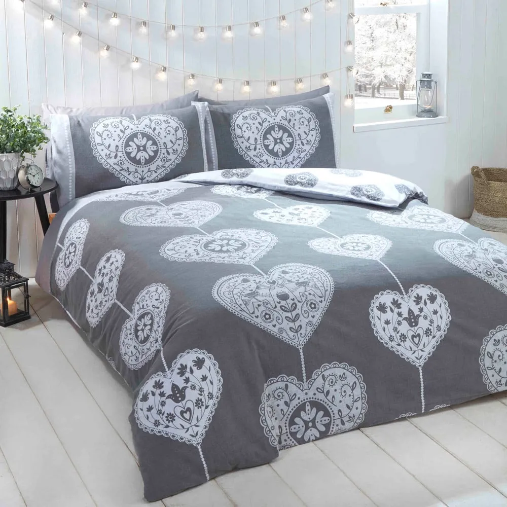 Scandi Heart Single Duvet Set Reversible - Grey, Brushed Cotton image