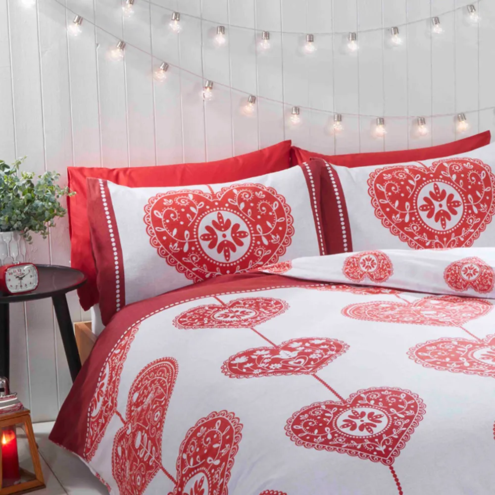 Scandi Heart Single Duvet Set Reversible - Red, Brushed Cotton
