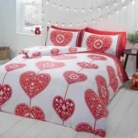 Scandi Heart Single Duvet Set Reversible - Red, Brushed Cotton
