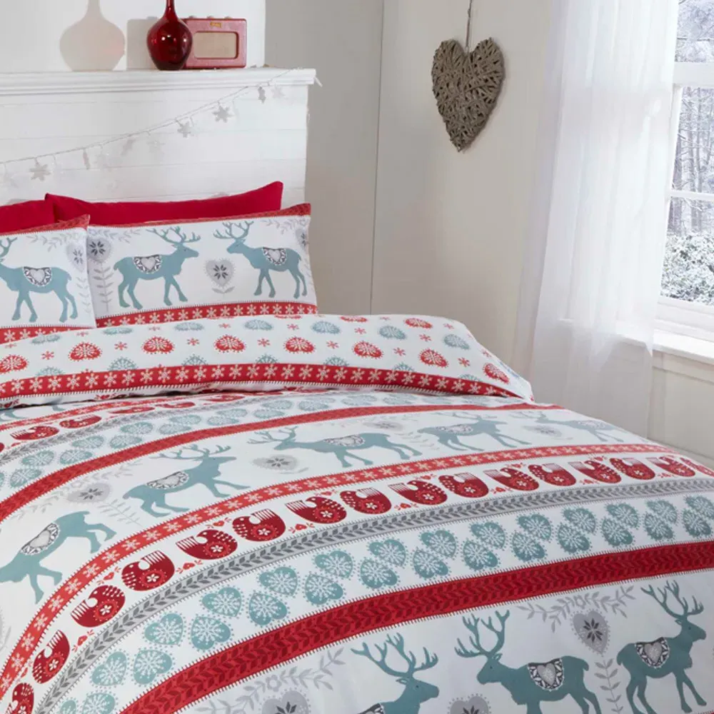Scandi King Size Duvet Set Reversible - Red, Brushed Cotton