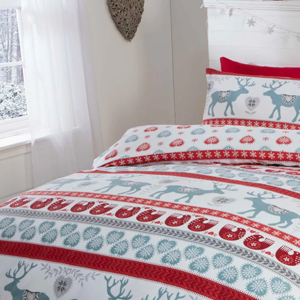 Scandi Single Duvet Set Reversible - Red, Brushed Cotton