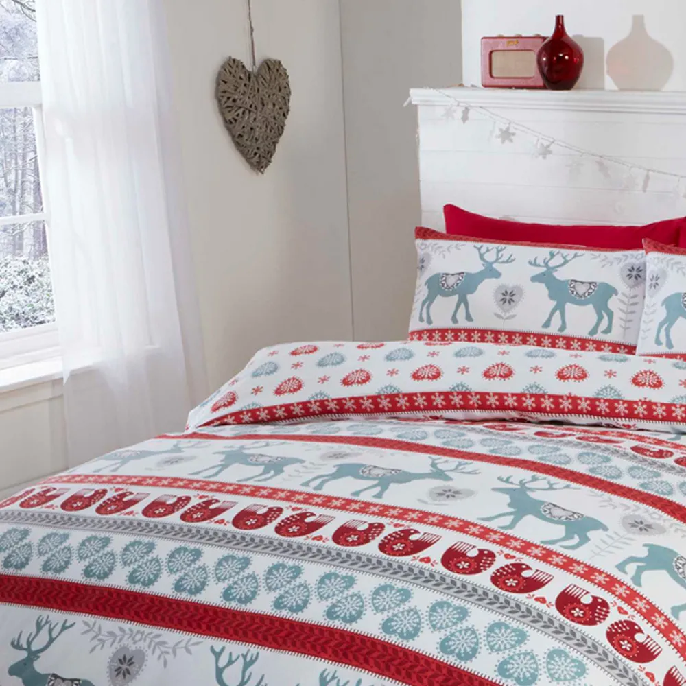 Scandi Super King Duvet Set Reversible - Red, Brushed Cotton