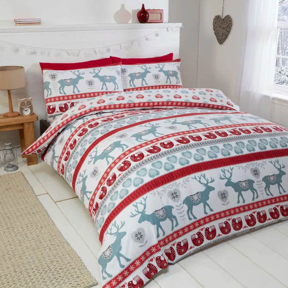 Scandi Super King Duvet Set Reversible - Red, Brushed Cotton