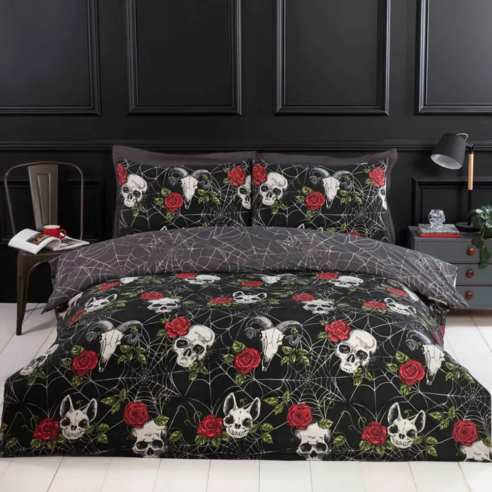 Skulls and Roses Single Duvet Set - Multicolour, Microfibre