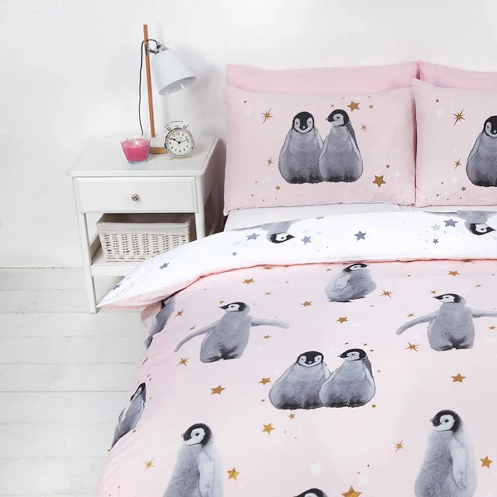 Starry Penguins Double Duvet Set - Pink