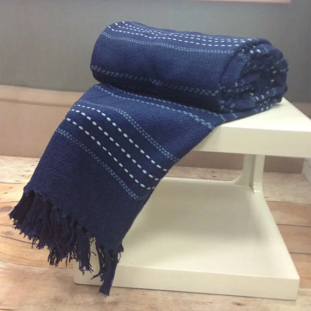 Stitch Strip Woven Cotton Throw - Blue