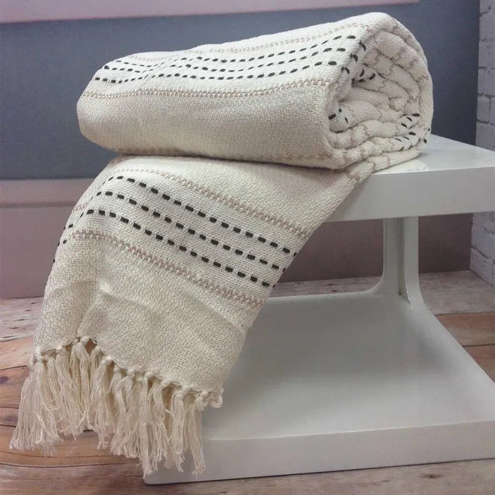 Stitch Strip Woven Cotton Throw - Cream