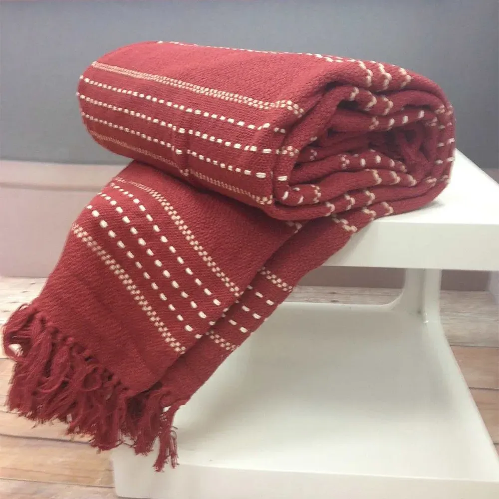 Stitch Strip Woven Cotton Throw - Red