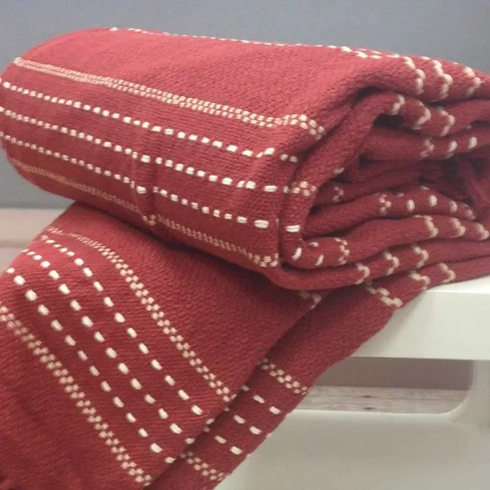 Stitch Strip Woven Cotton Throw - Red