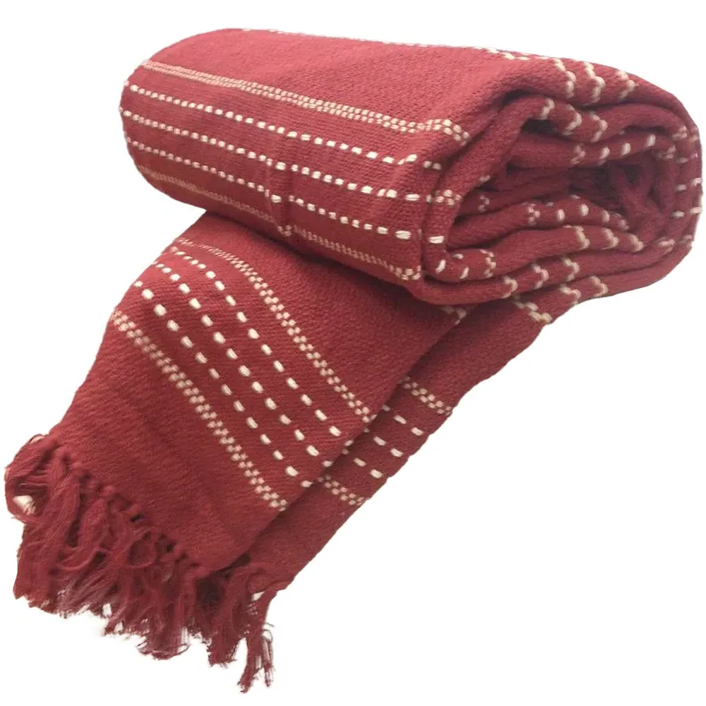Stitch Strip Woven Cotton Throw - Red