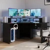 Topaz Compact Corner Gaming Desk with LED Strip - Black