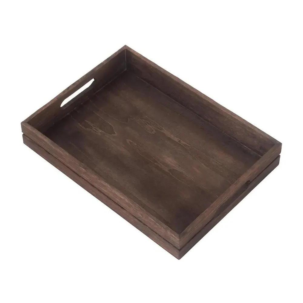 Dark Wooden Tray with Handles - Brown
