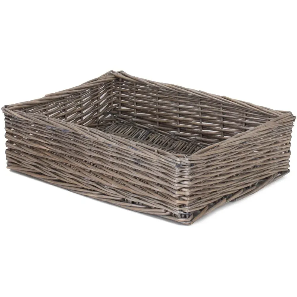Large Antique Wash Straight Sided Wicker Tray - Brown