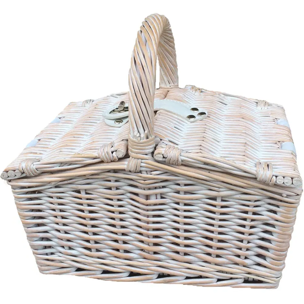 Small Double Lidded Wicker Hamper Basket - White