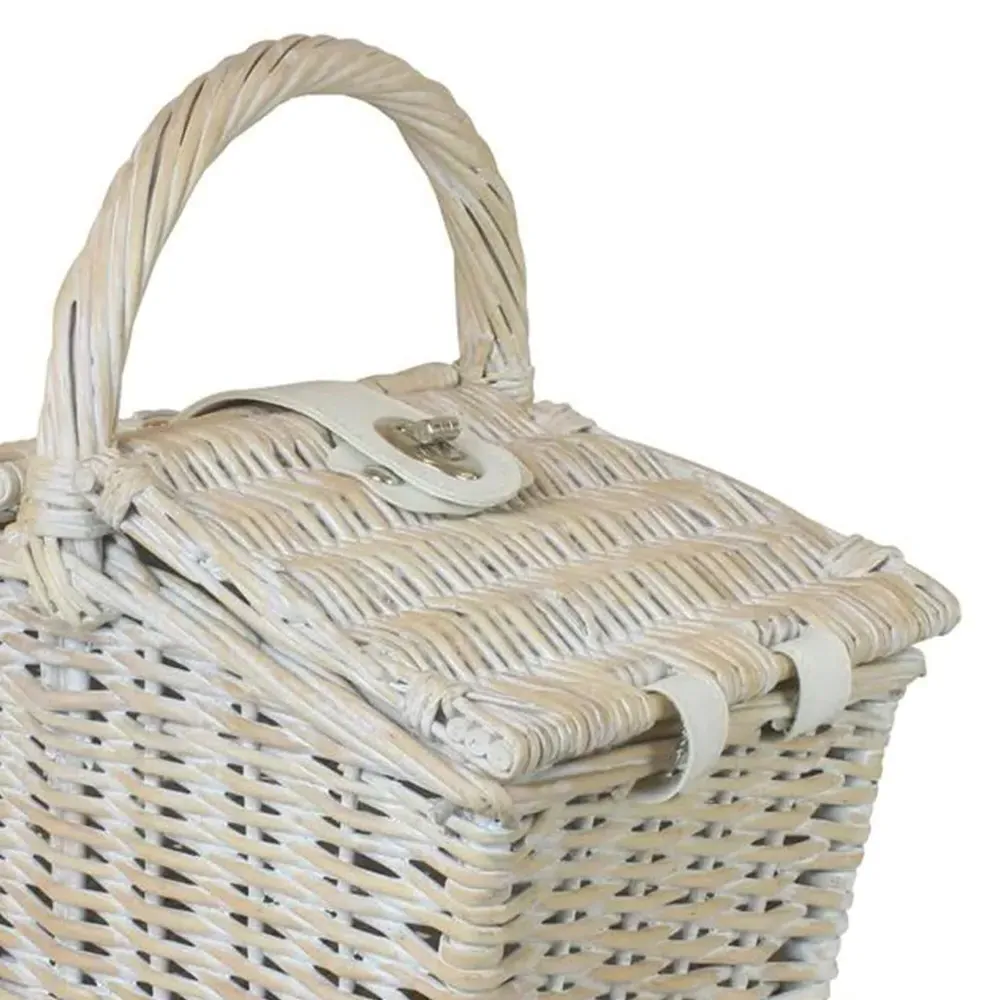 Small Double Lidded Wicker Hamper Basket - White