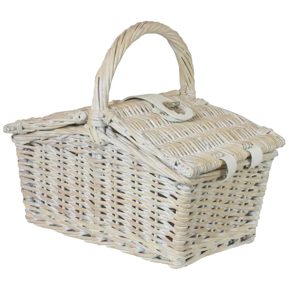 Small Double Lidded Wicker Hamper Basket - White