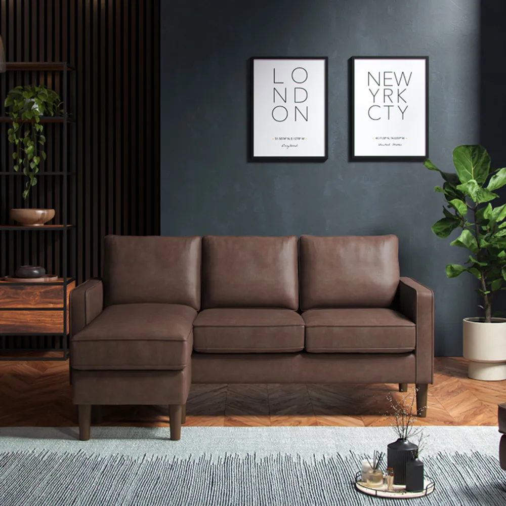 3-Seater Reversible Chaise Sofa - Brown, Faux Leather