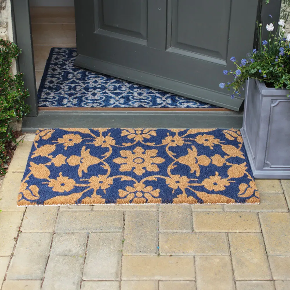 Jekyll Floral Latex Backed Door Mat - Blue, Coir