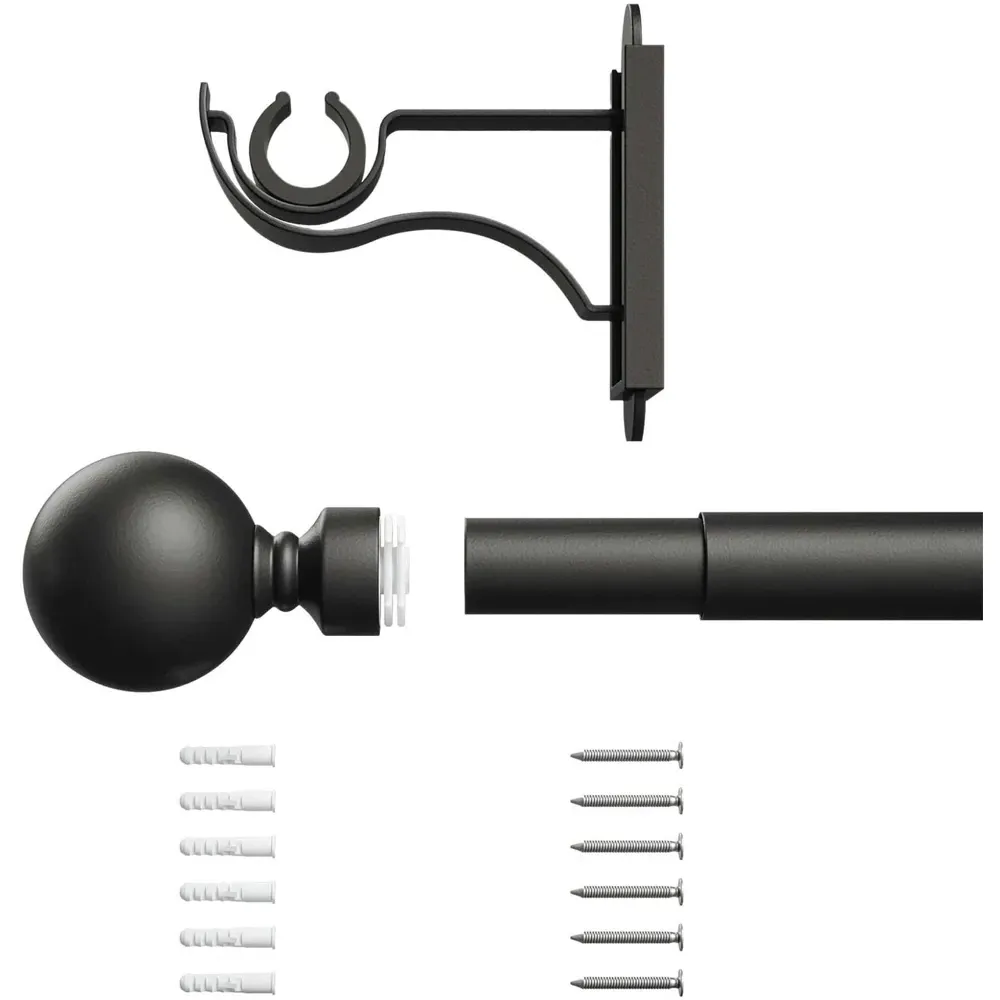125-216cm Extendable Curtain Pole with Orb Finials - Black