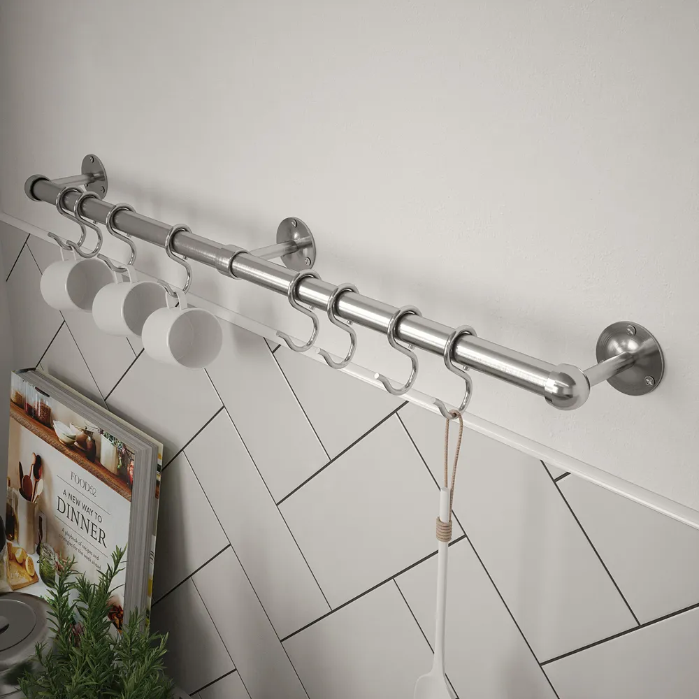 Brushed Utensil Rail with S-Hooks - Silver, Stainless Steel