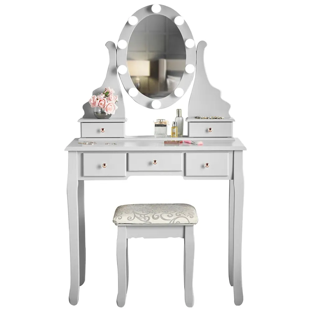CARME Home 5 Drawer Vanity Dresser with LED Mirror - Grey