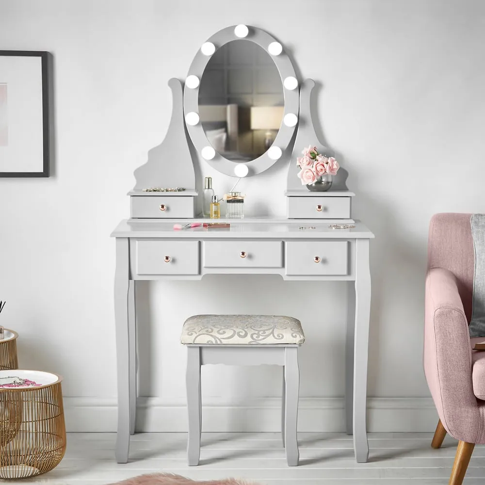 CARME Home 5 Drawer Vanity Dresser with LED Mirror - Grey