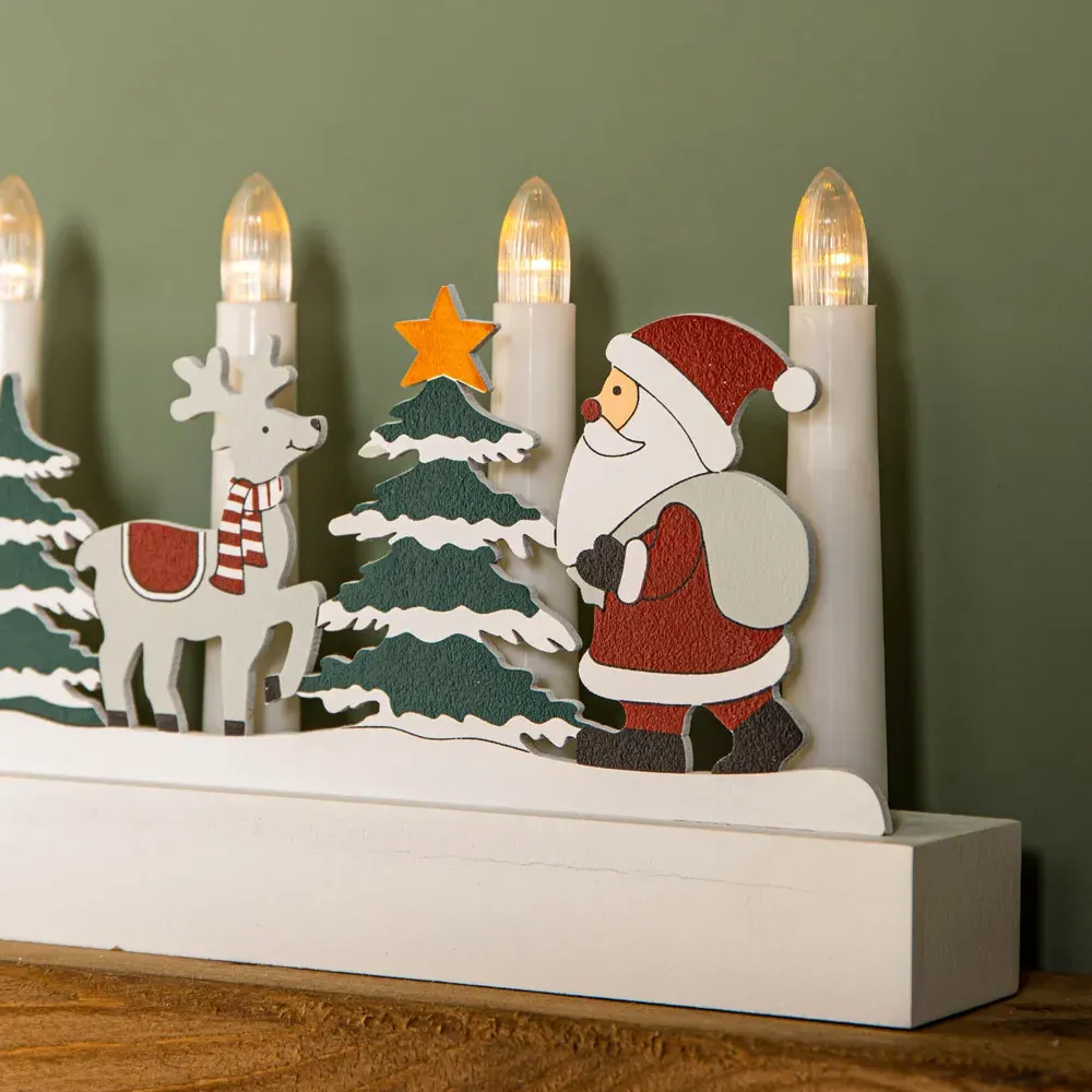 Light Up Christmas Candle Bridge with Santa Scene - White