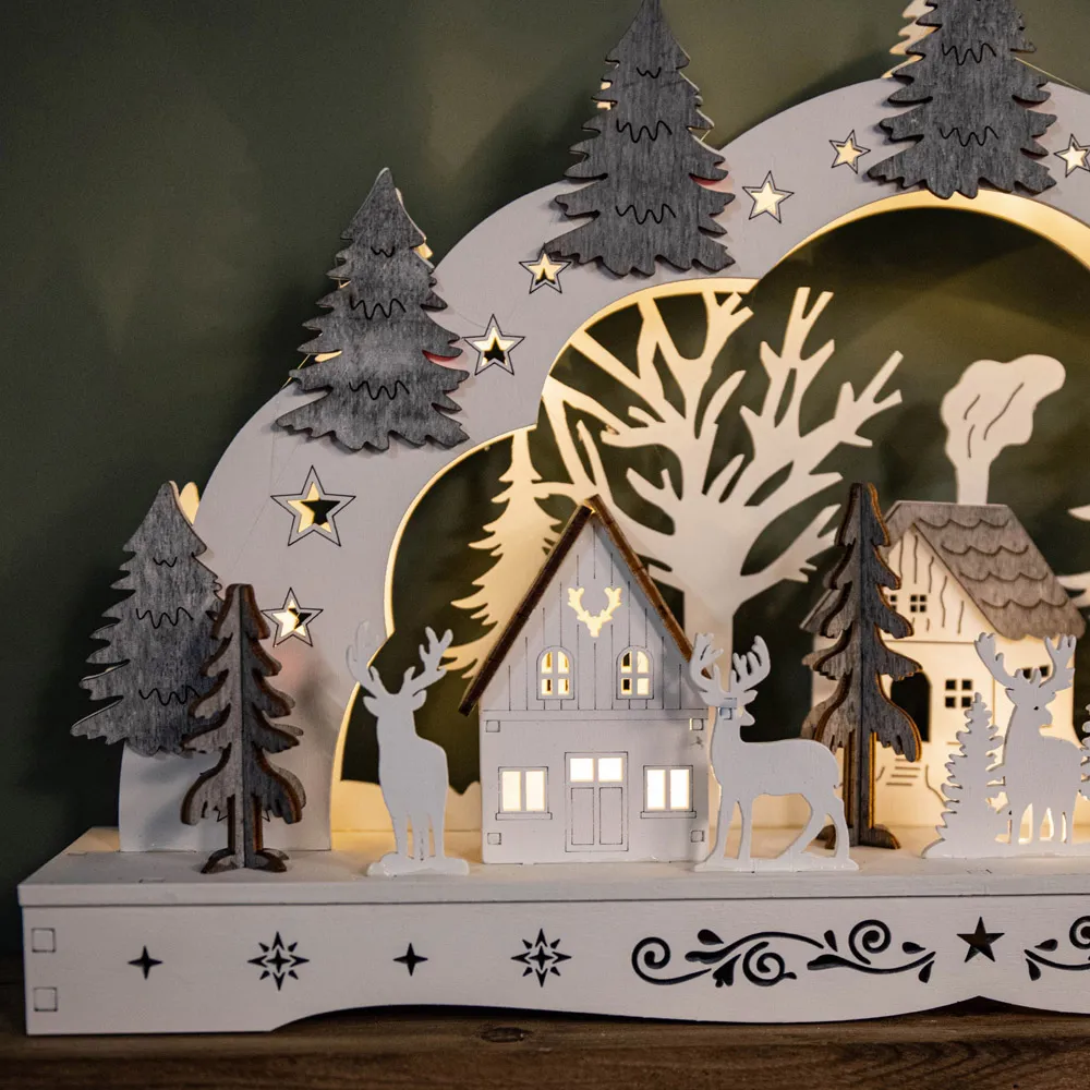 White Wooden Christmas Candle Bridge with Reindeer - White